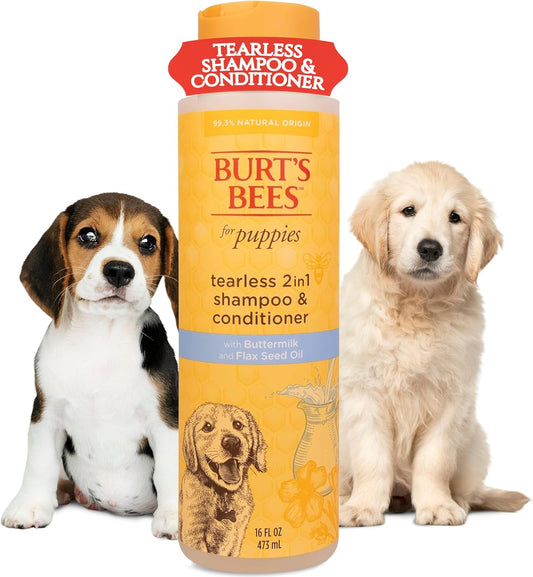 Puppies Natural Tearless 2 in 1 Shampoo and Conditioner | Made with Buttermilk and Linseed Oil | Best Tearless Puppy Shampoo for Gentle Skin and Coat | Made in USA, 16 Oz